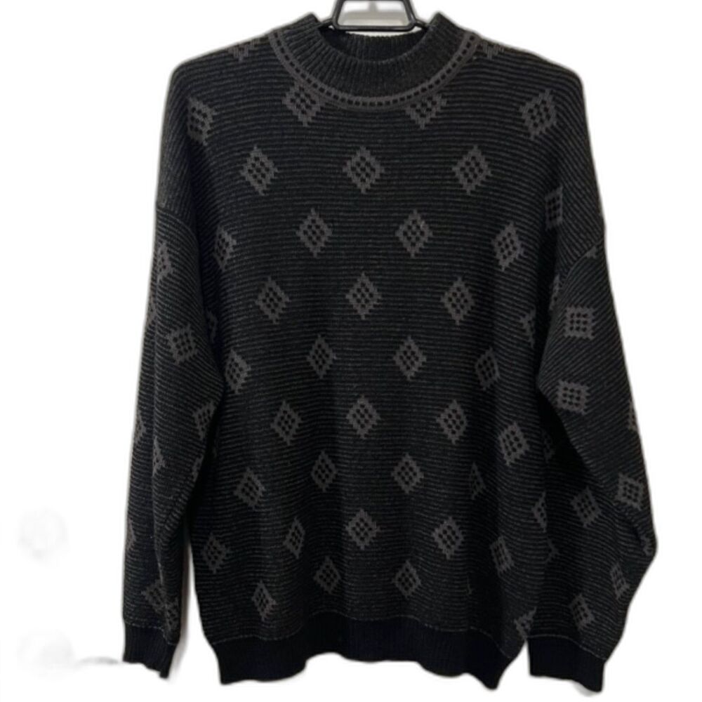 VTG Mondo di Marco Mens Black Gray Diamond Print Wool Blend Sweater Sz Medium